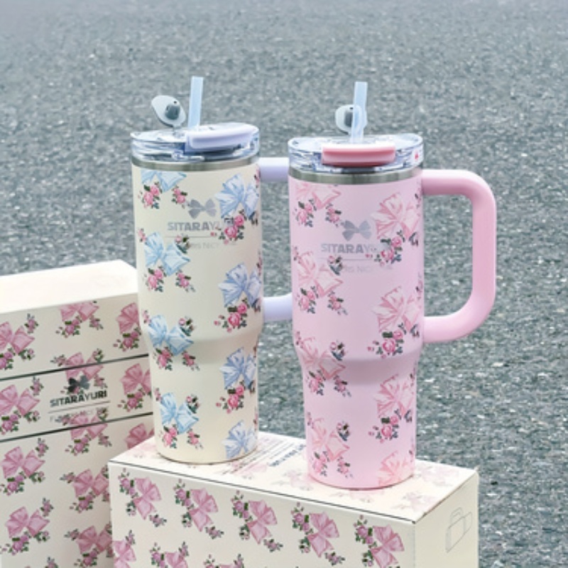 Floral Print Stainless Steel Tumbler with Straw Vacuum Insulated Ice Cold Retention Cup