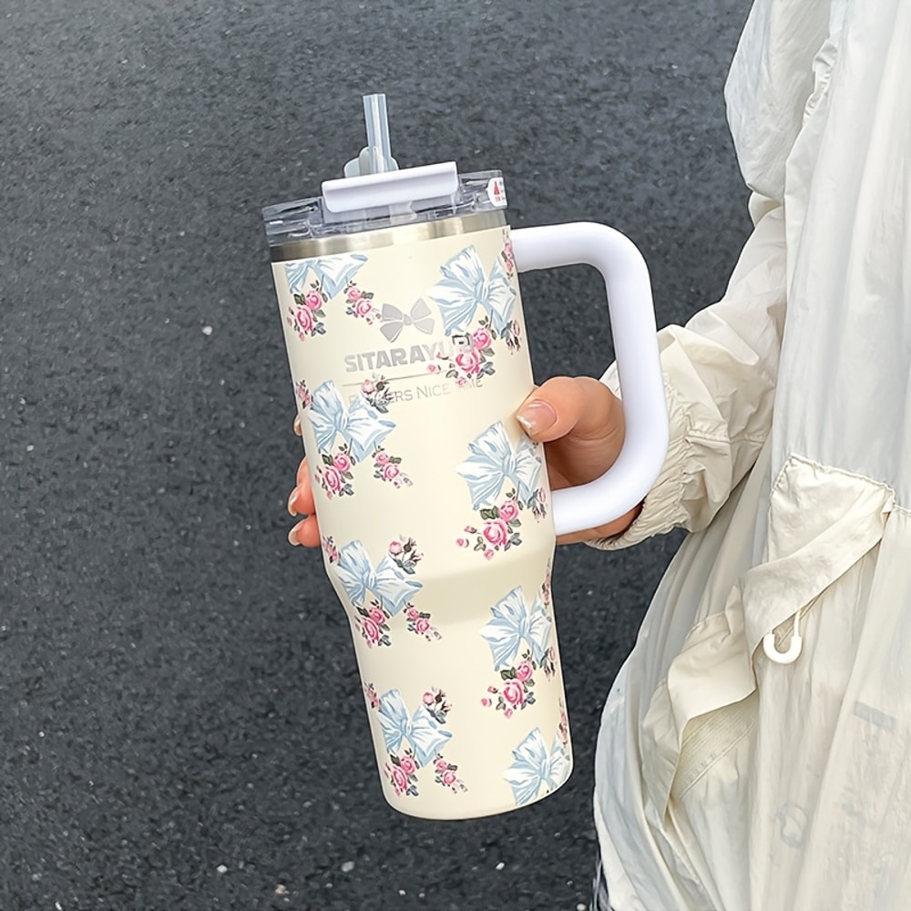 Floral Print Stainless Steel Tumbler with Straw Vacuum Insulated Ice Cold Retention Cup