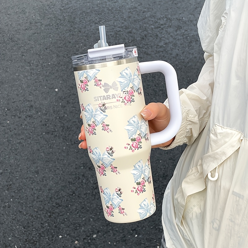 Floral Print Stainless Steel Tumbler with Straw Vacuum Insulated Ice Cold Retention Cup