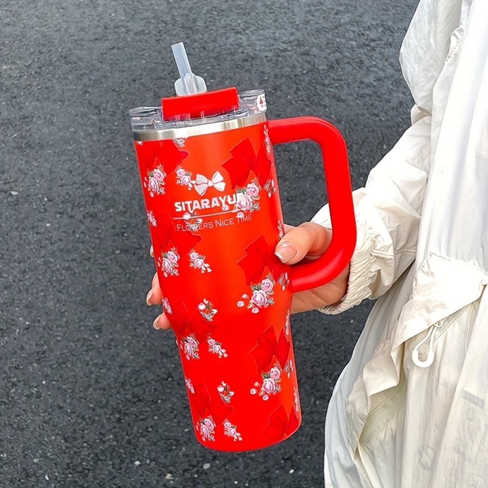 Floral Print Stainless Steel Tumbler with Straw Vacuum Insulated Ice Cold Retention Cup