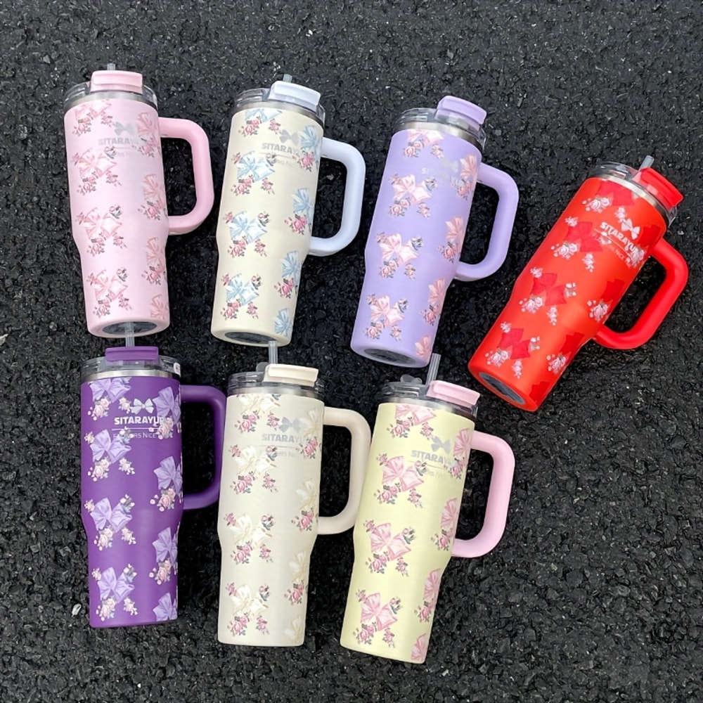 Floral Print Stainless Steel Tumbler with Straw Vacuum Insulated Ice Cold Retention Cup
