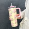 Floral Print Stainless Steel Tumbler with Straw Vacuum Insulated Ice Cold Retention Cup
