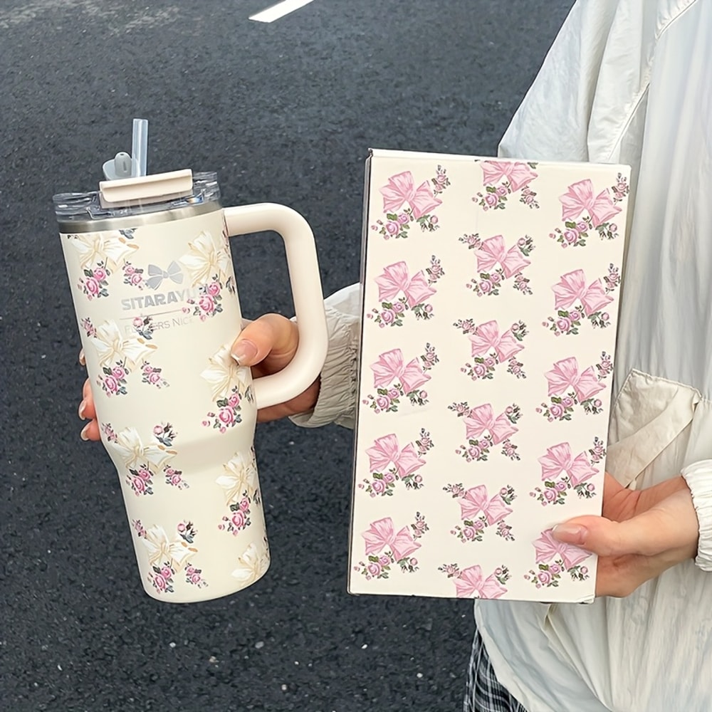 Floral Print Stainless Steel Tumbler with Straw Vacuum Insulated Ice Cold Retention Cup