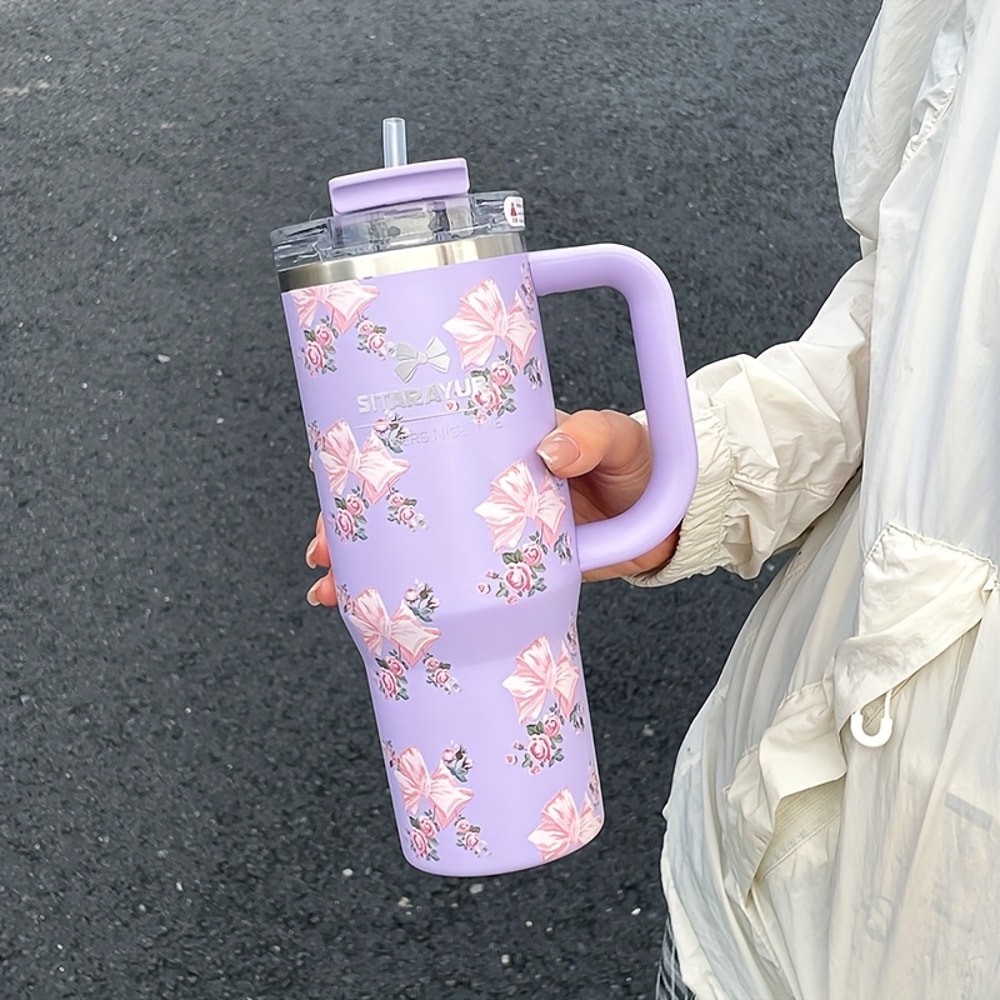 Floral Print Stainless Steel Tumbler with Straw Vacuum Insulated Ice Cold Retention Cup