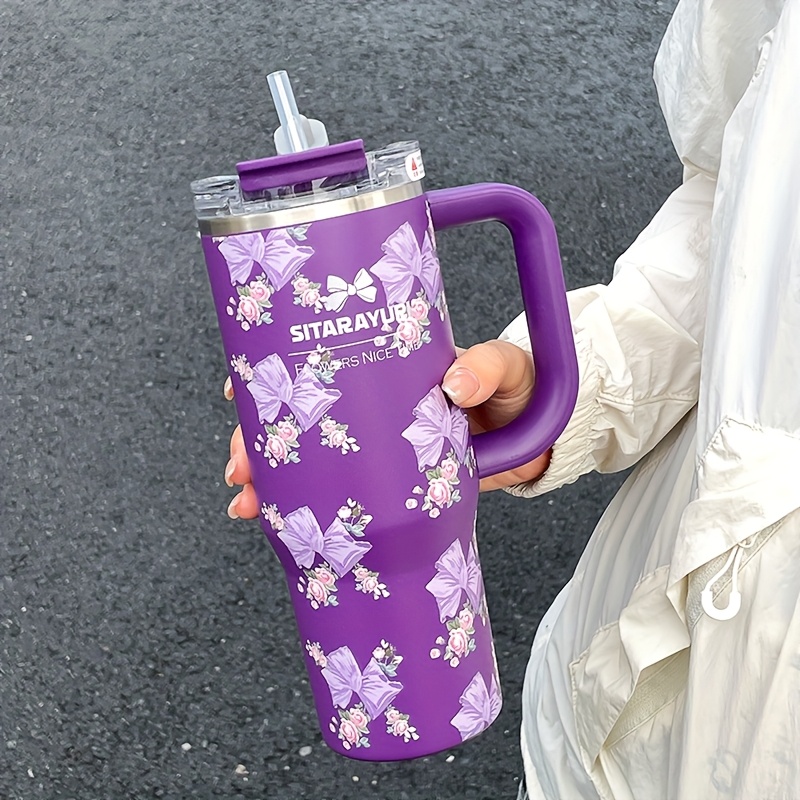 Floral Print Stainless Steel Tumbler with Straw Vacuum Insulated Ice Cold Retention Cup