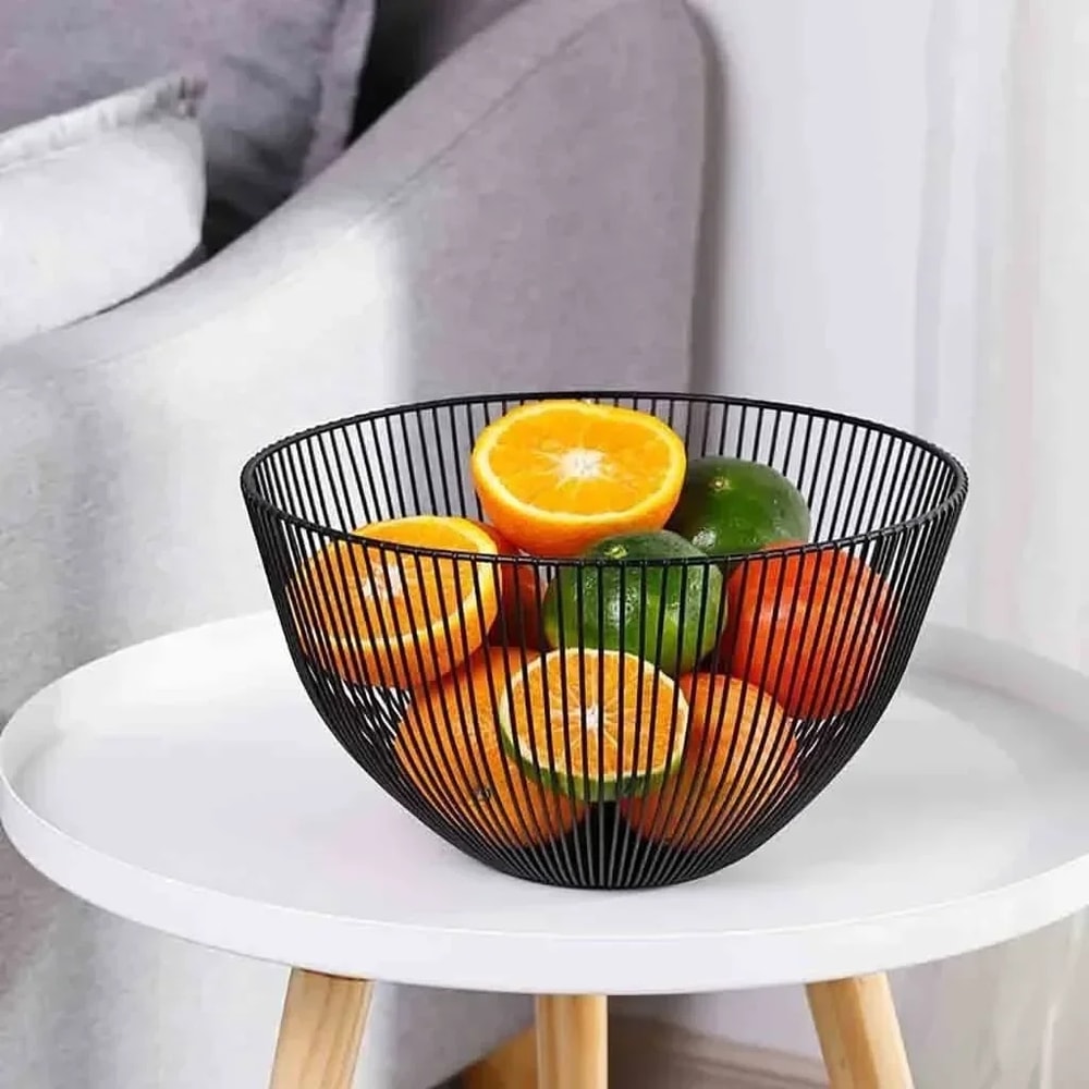Modern Black Fruit Bowl Geometric Metal Wire Storage Basket for Kitchen Decor