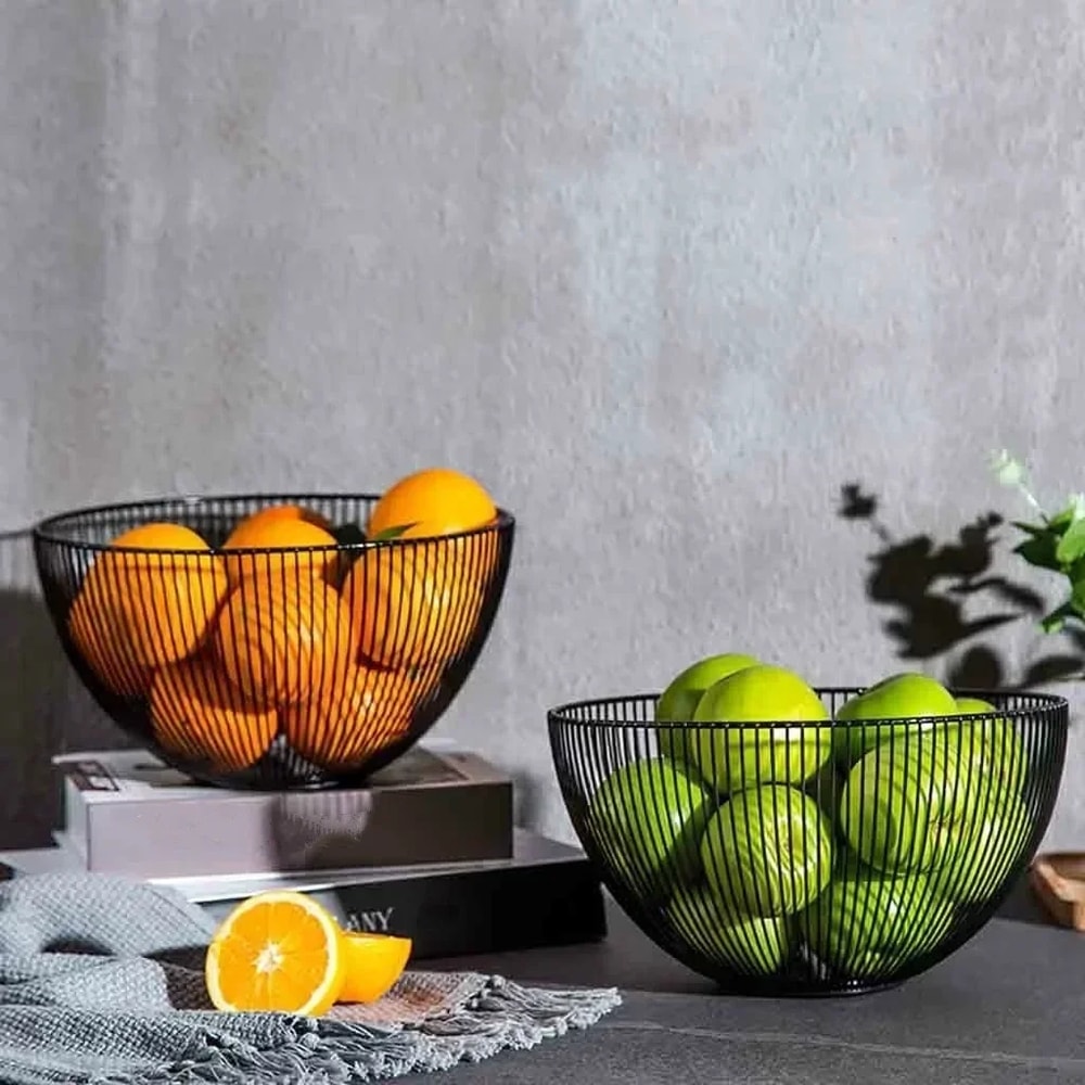 Modern Black Fruit Bowl Geometric Metal Wire Storage Basket for Kitchen Decor