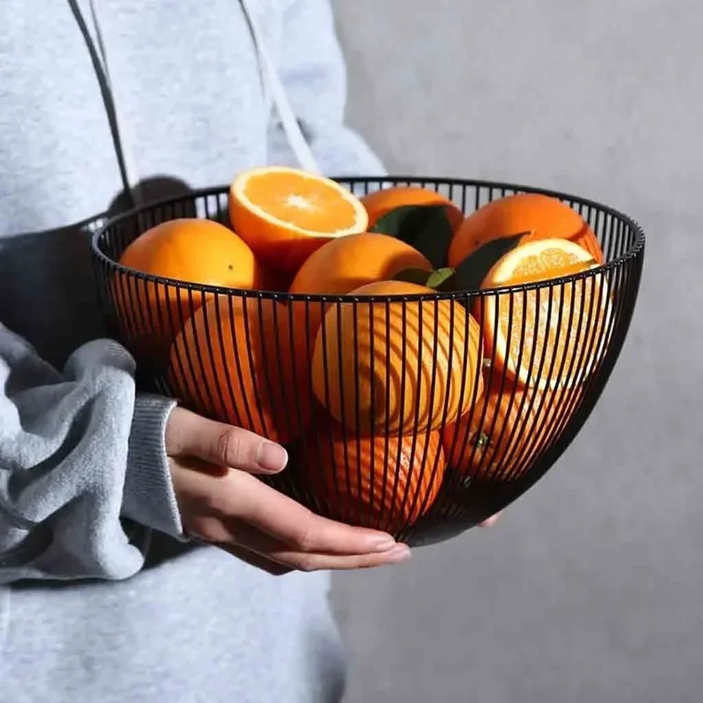 Modern Black Fruit Bowl Geometric Metal Wire Storage Basket for Kitchen Decor