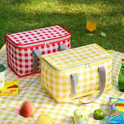 yellow checkered insulated picnic tote large capacity outdoor camping travel bag
