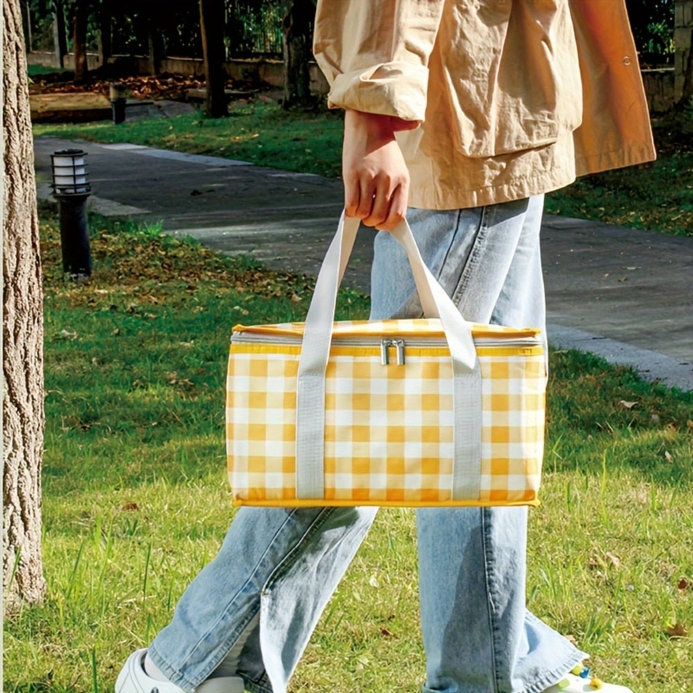 Yellow Checkered Insulated Picnic Tote Large Capacity Outdoor Camping Travel Bag