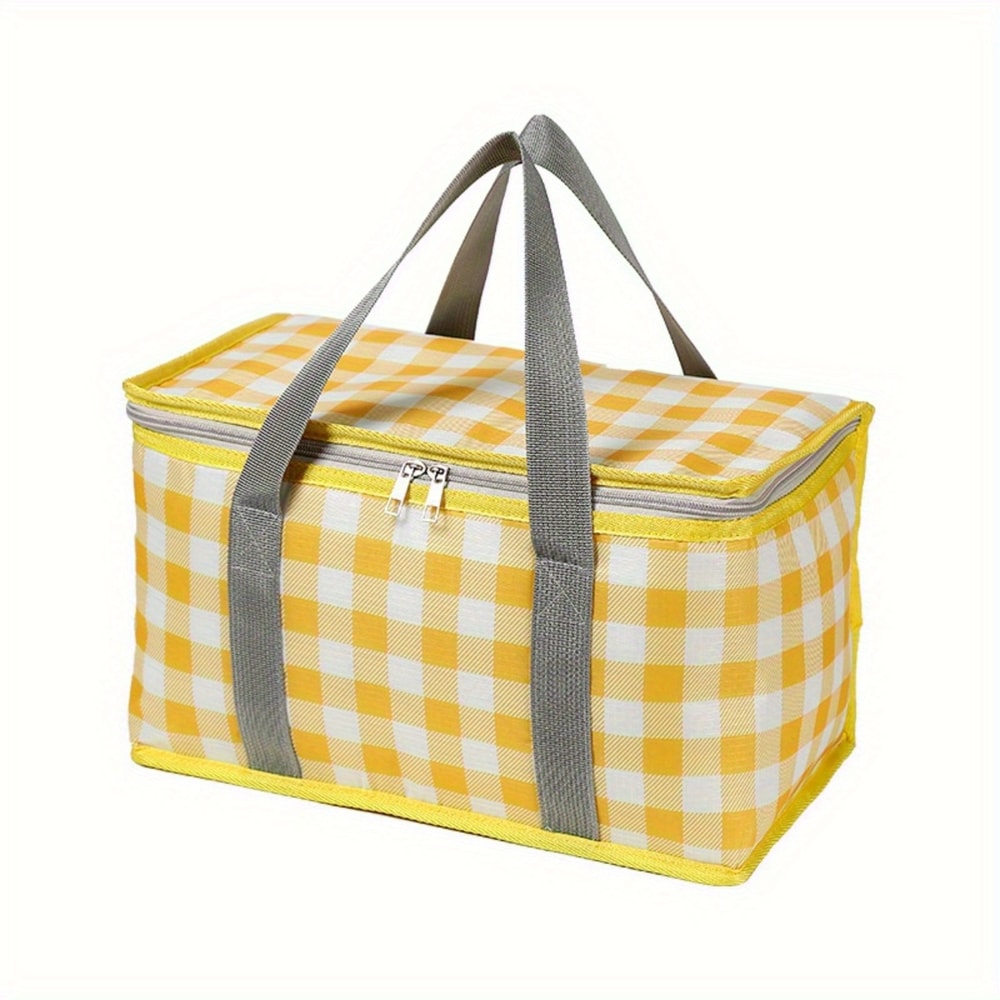 Yellow Checkered Insulated Picnic Tote Large Capacity Outdoor Camping Travel Bag