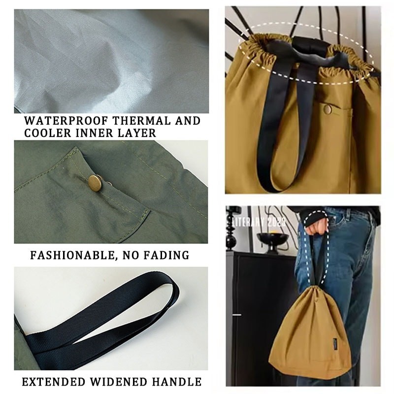 Waterproof Bento Box Bag With Thermal Storage Drawstring Closure Picnic Cooler Tote 4