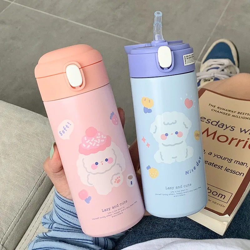 Cute Cartoon Stainless Steel Thermal Water Bottle with Straw Insulated Kids Thermos Cup