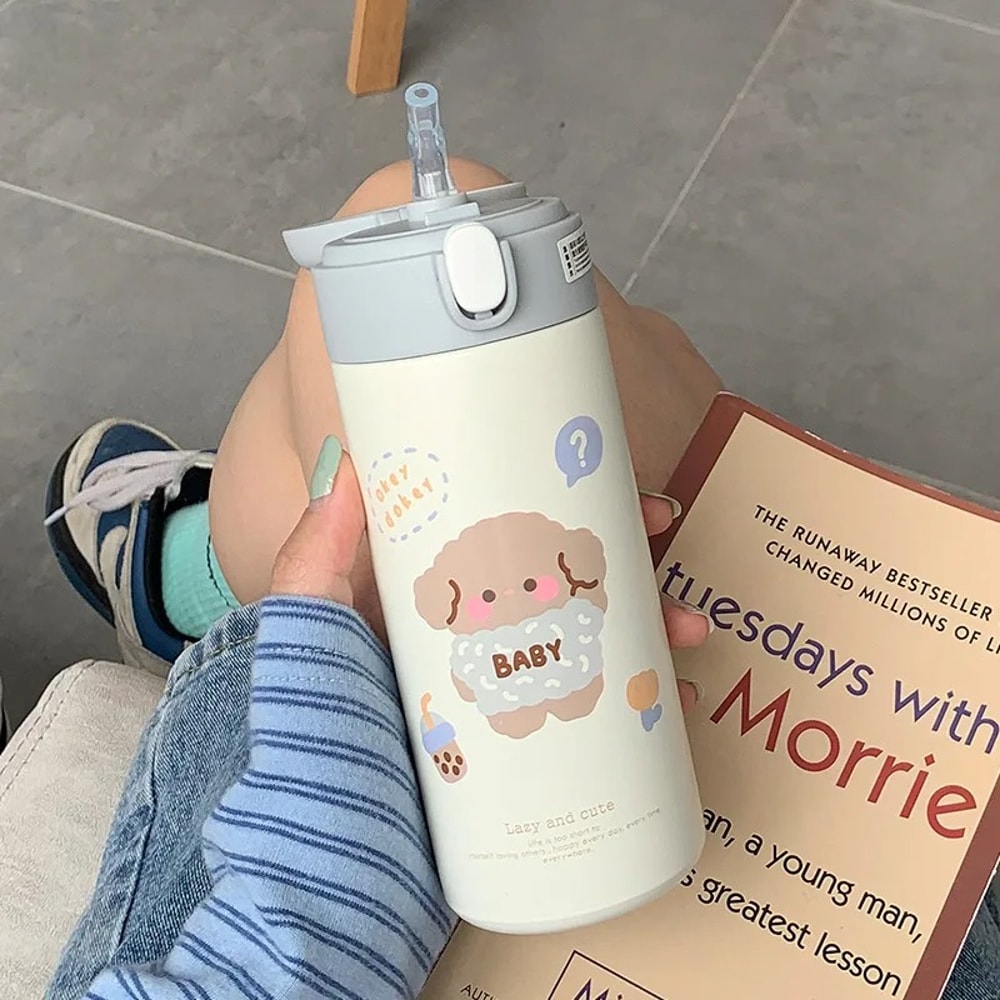 Cute Cartoon Stainless Steel Thermal Water Bottle with Straw Insulated Kids Thermos Cup