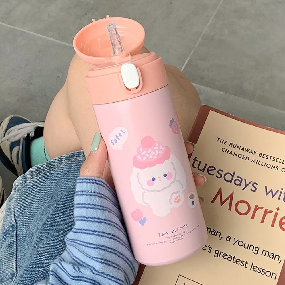 Cute Cartoon Stainless Steel Thermal Water Bottle with Straw Insulated Kids Thermos Cup