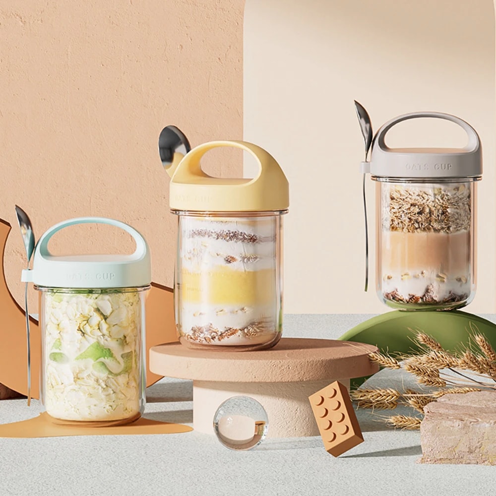 Leakproof Glass Breakfast Jar With Spoon Overnight Oats Container Portable Yogurt Cup 1