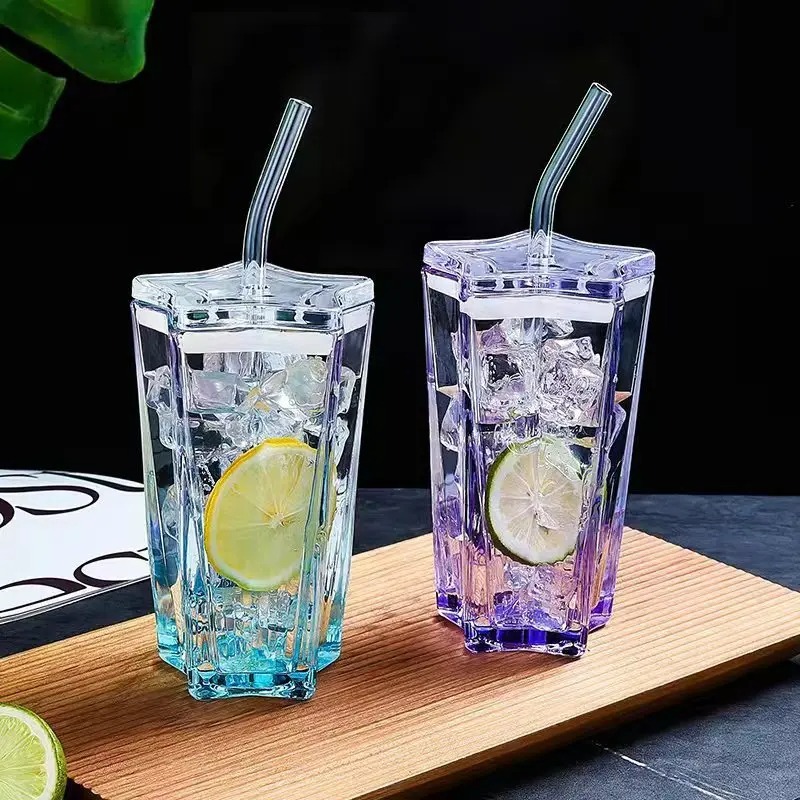 Star Shape Glass Tumbler With Straw Leakproof Lid Cute Iced Coffee Cup 0