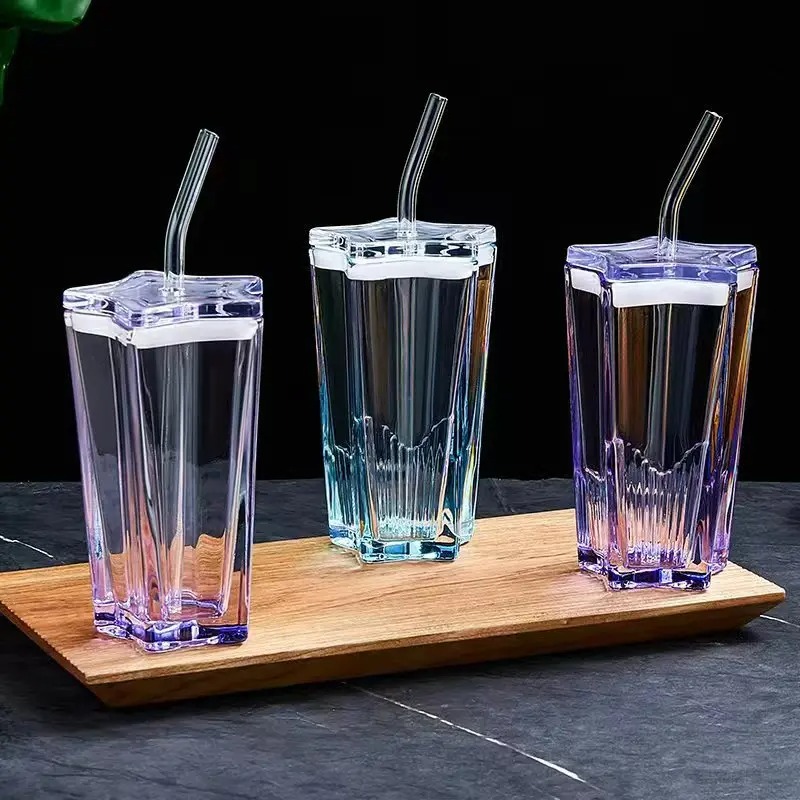 Star Shape Glass Tumbler With Straw Leakproof Lid Cute Iced Coffee Cup 1