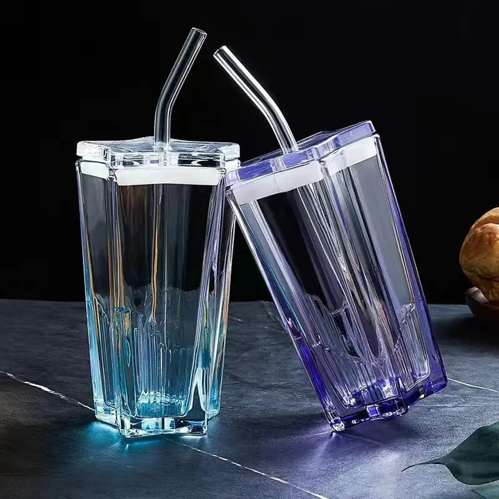 Star Shape Glass Tumbler With Straw Leakproof Lid Cute Iced Coffee Cup 3