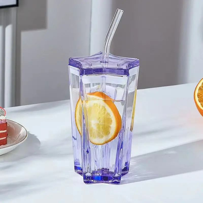 Star Shape Glass Tumbler With Straw Leakproof Lid Cute Iced Coffee Cup 5
