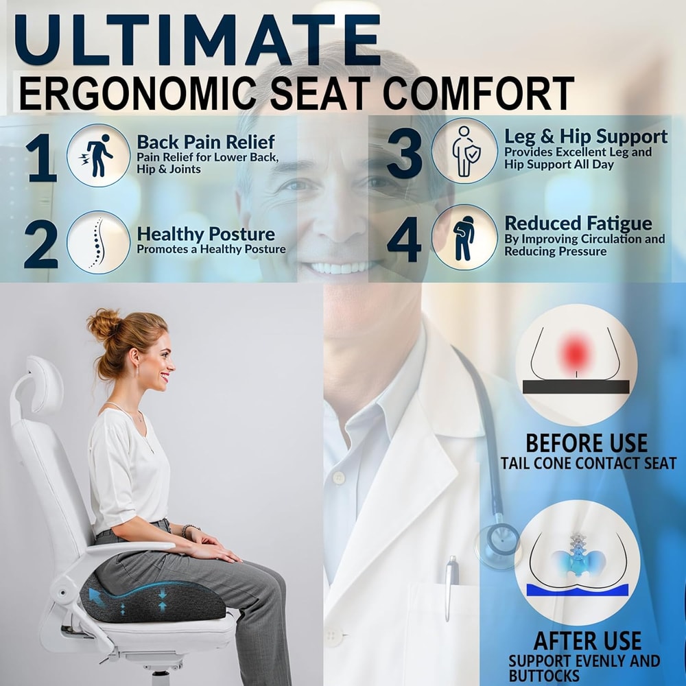 Memory Foam Seat Cushion for Office Chair Coccyx Support and Tailbone Relief