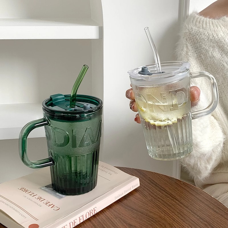 Retro Glass Tumbler With Lid And Straw Reusable Juice And Coffee Cup Transparent Green Glass Mug 1