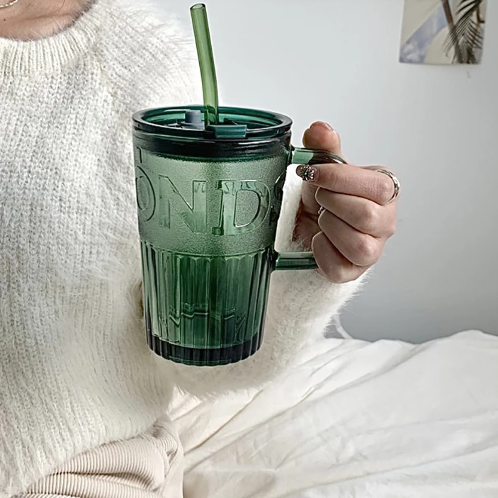 Retro Glass Tumbler With Lid And Straw Reusable Juice And Coffee Cup Transparent Green Glass Mug 2
