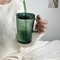 Retro Glass Tumbler With Lid And Straw Reusable Juice And Coffee Cup Transparent Green Glass Mug 2
