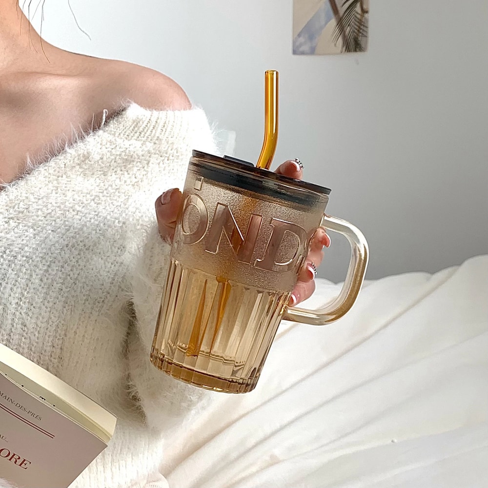 Retro Glass Tumbler With Lid And Straw Reusable Juice And Coffee Cup Transparent Green Glass Mug 3