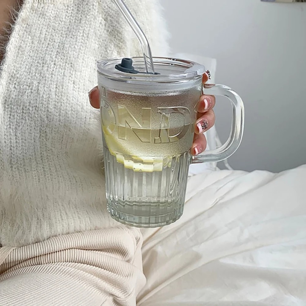 Retro Glass Tumbler With Lid And Straw Reusable Juice And Coffee Cup Transparent Green Glass Mug 4