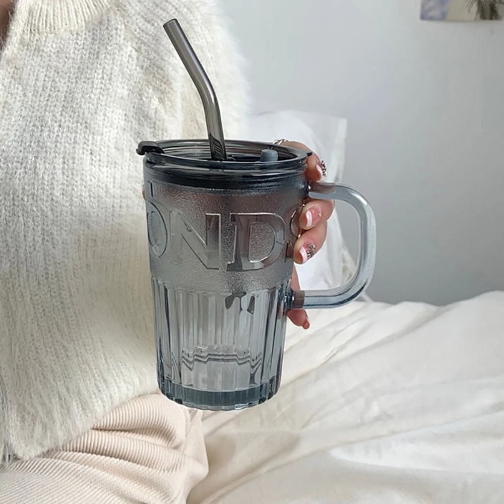 Retro Glass Tumbler With Lid And Straw Reusable Juice And Coffee Cup Transparent Green Glass Mug 5