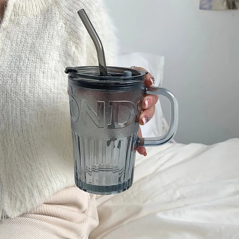 Retro Glass Tumbler With Lid And Straw Reusable Juice And Coffee Cup Transparent Green Glass Mug 5