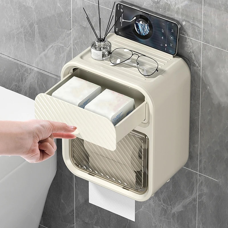 Gemini said Waterproof Wall Mounted Toilet Paper Holder with Drawer Double Layer Bathroom Storage Organizer