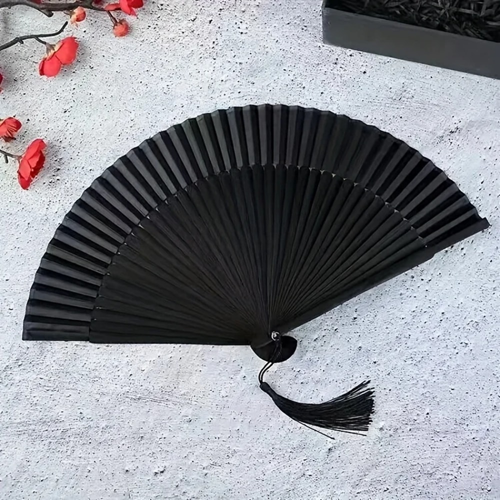 Vintage Black Bamboo Folding Fan Handmade Retro Design For Elegance Cool Comfort 0