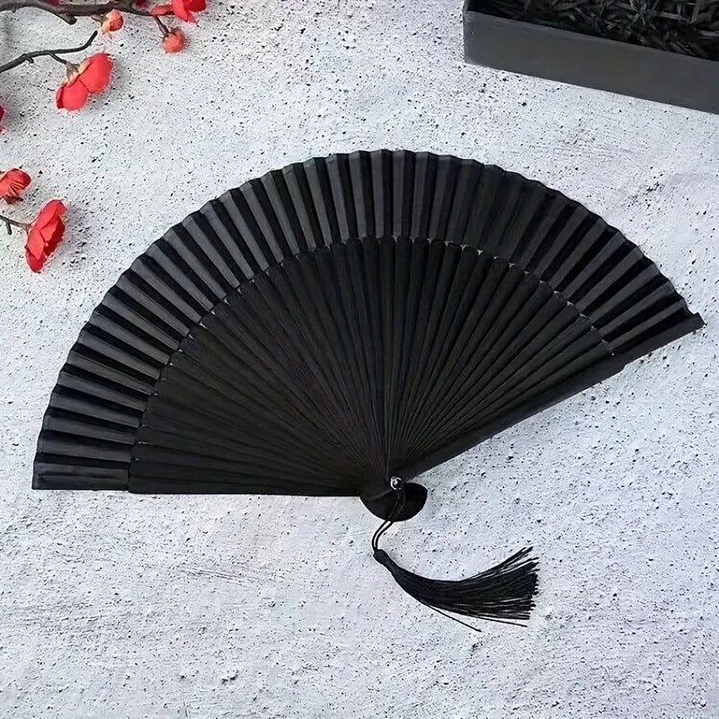 Vintage Black Bamboo Folding Fan Handmade Retro Design For Elegance Cool Comfort 0