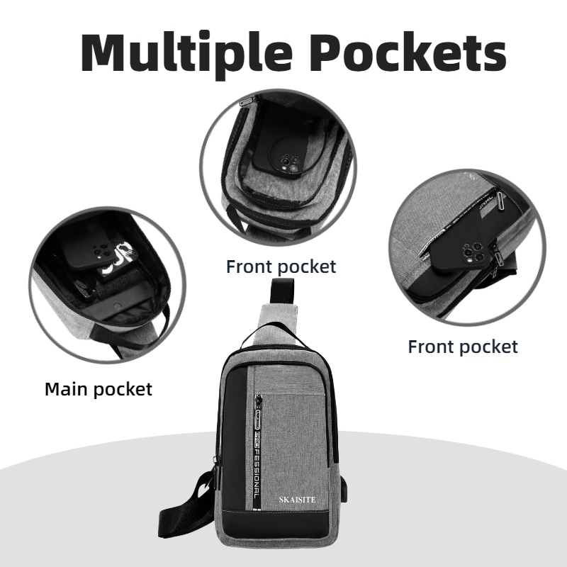 Mens Multi Functional Chest Bag with USB Charging Port Ideal for Commuting Business and Sports