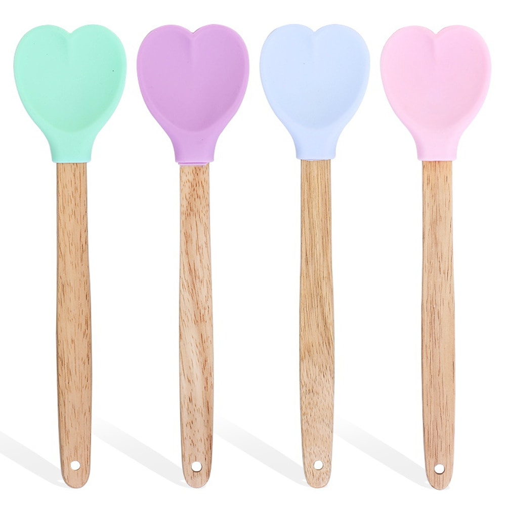 Heart Shaped Silicone Stirring Spoon with Wooden Handle Nonstick Ice Cream Scoop for Baking & Cooking