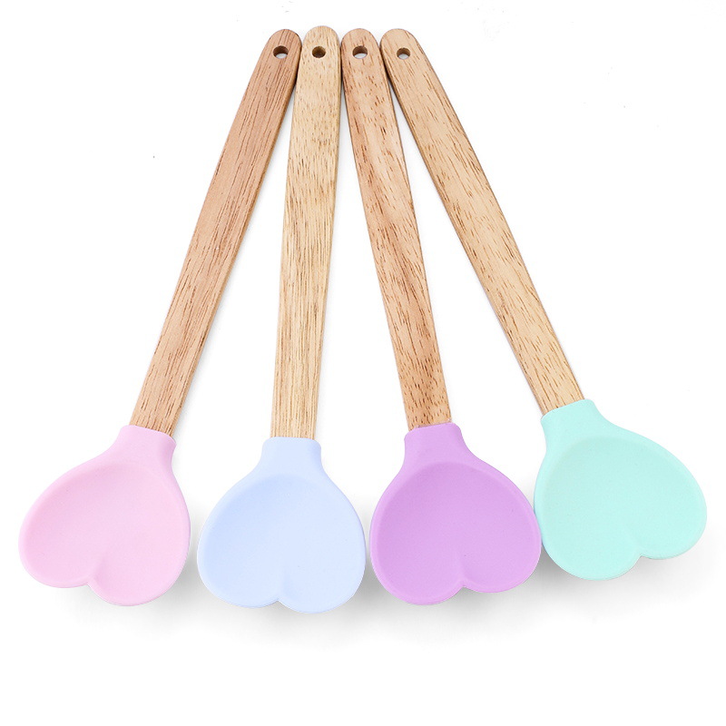 Heart Shaped Silicone Stirring Spoon with Wooden Handle Nonstick Ice Cream Scoop for Baking & Cooking