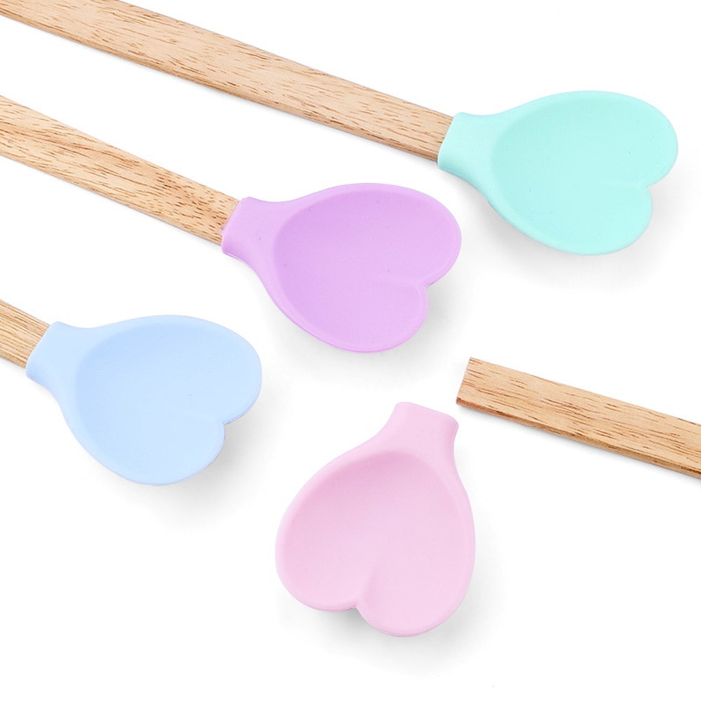 Heart Shaped Silicone Stirring Spoon with Wooden Handle Nonstick Ice Cream Scoop for Baking & Cooking