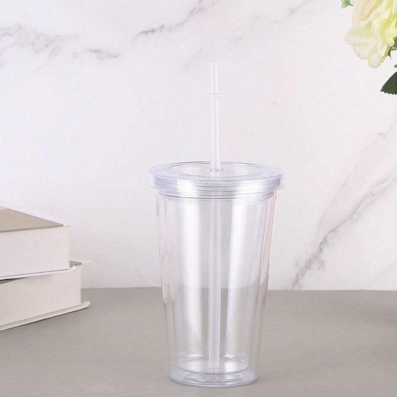 Clear Tumbler With Straw Double Wall Plastic Travel Tea Cup 5