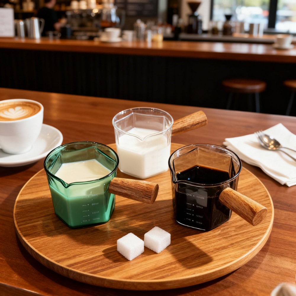 Borosilicate Espresso Measuring Cup With Wooden Handle And Scale Markings 0