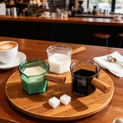 borosilicate espresso measuring cup with wooden handle and scale markings