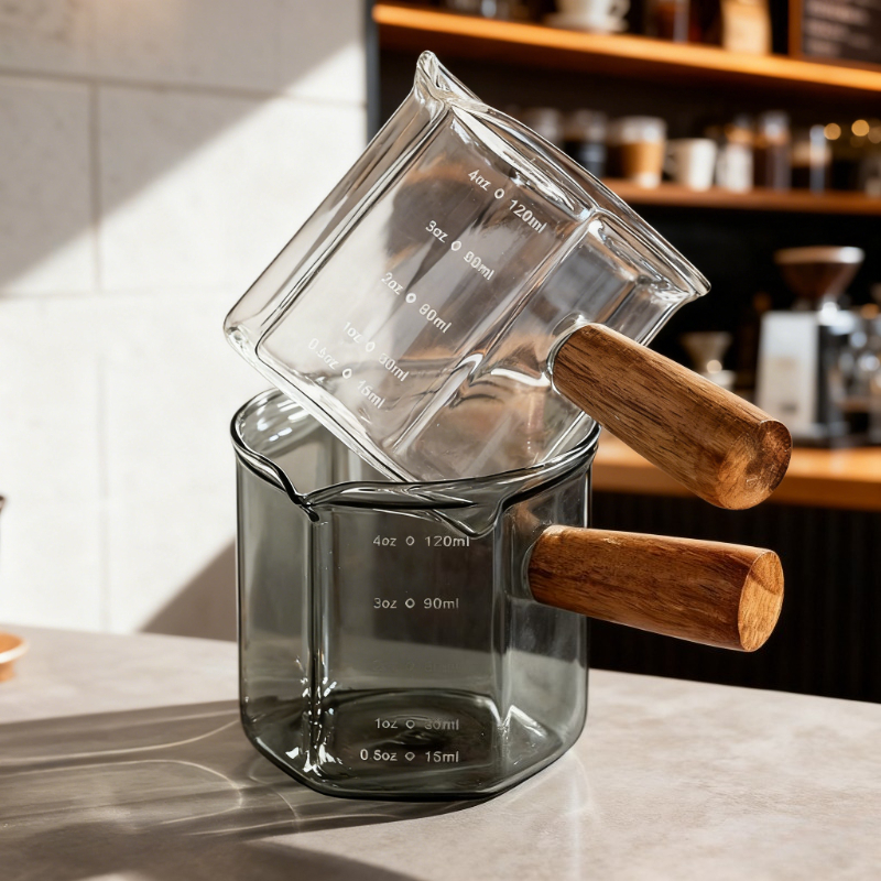 Borosilicate Espresso Measuring Cup With Wooden Handle And Scale Markings 2