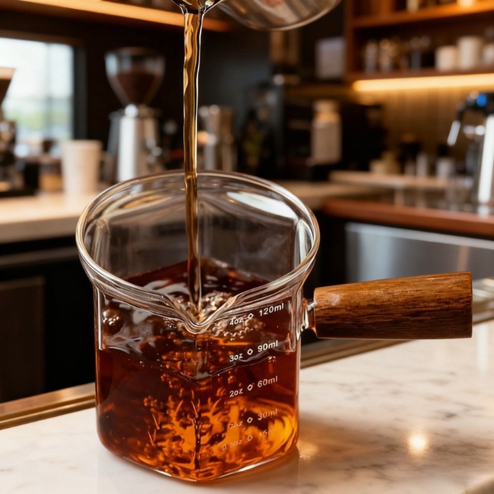 Borosilicate Espresso Measuring Cup With Wooden Handle And Scale Markings 3