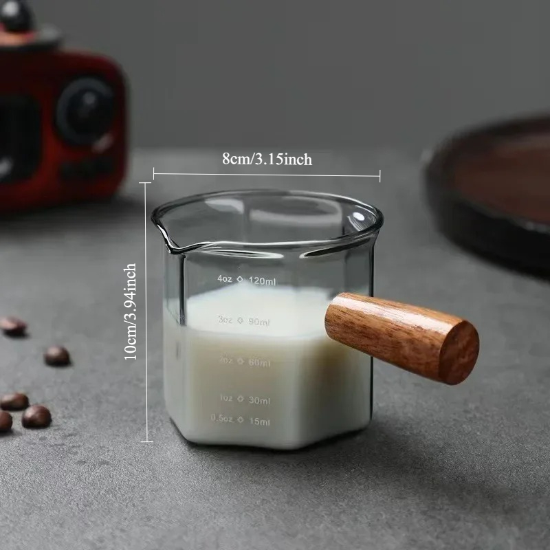 Borosilicate Espresso Measuring Cup With Wooden Handle And Scale Markings 4