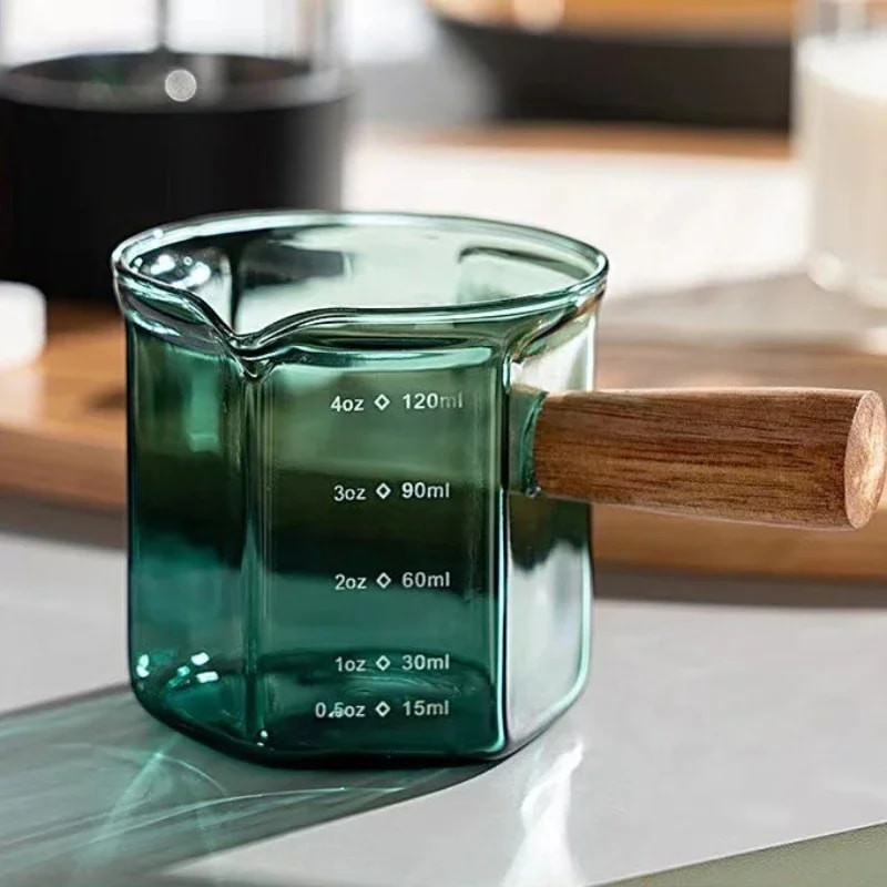 Borosilicate Espresso Measuring Cup With Wooden Handle And Scale Markings 5