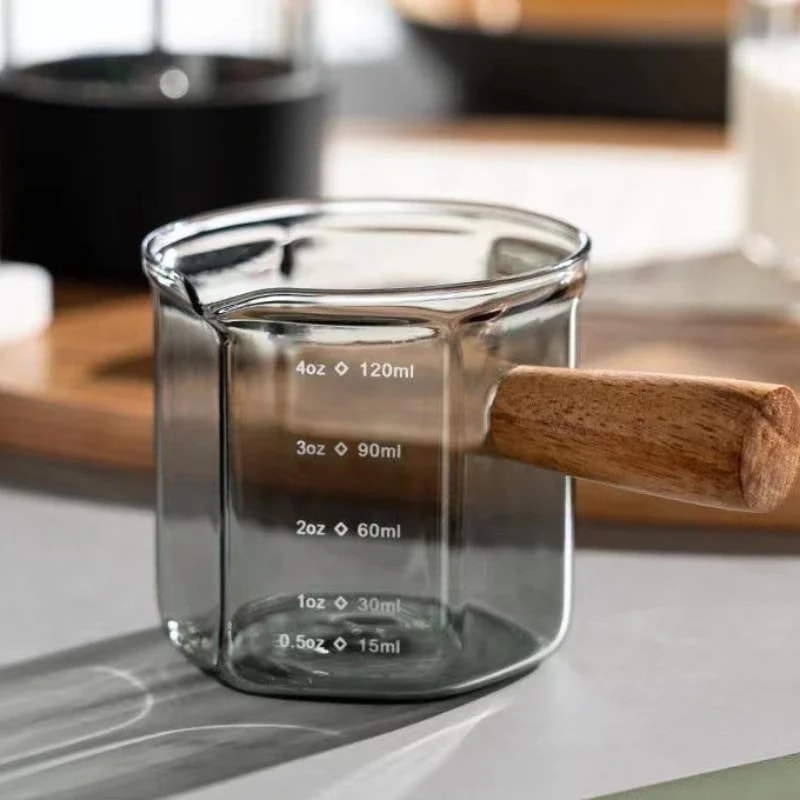 Borosilicate Espresso Measuring Cup With Wooden Handle And Scale Markings 7