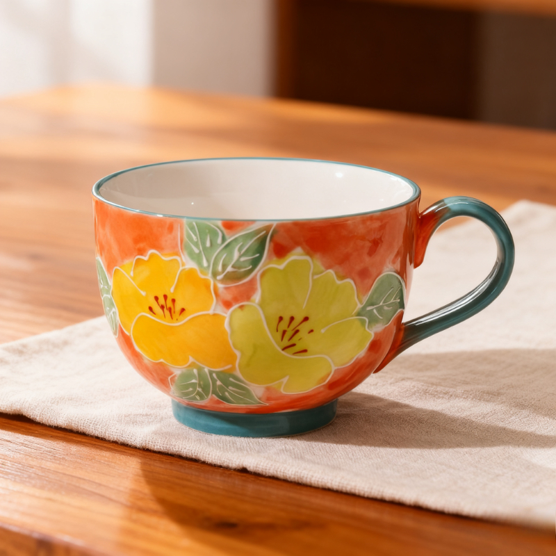Hand Painted Floral Ceramic Mug Large Breakfast Cup For Tea Coffee And Oatmeal 1