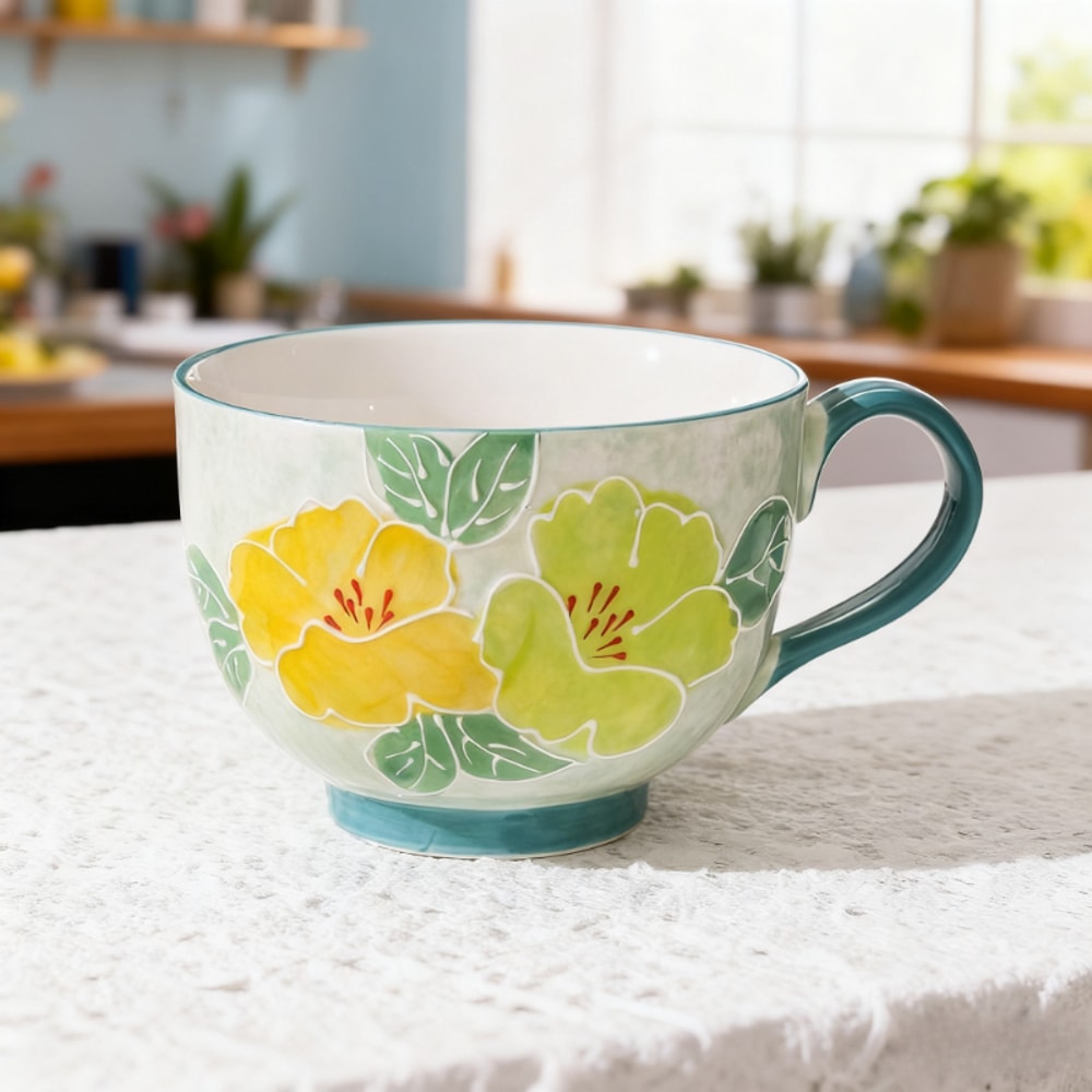 Hand Painted Floral Ceramic Mug Large Breakfast Cup For Tea Coffee And Oatmeal 2