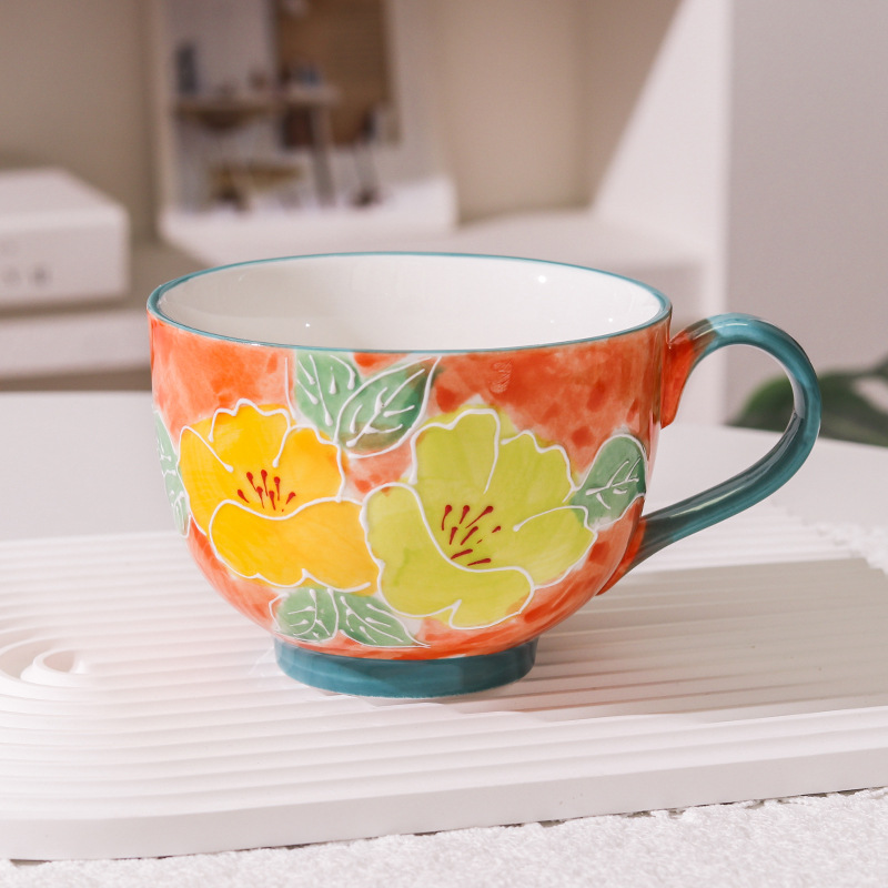Hand Painted Floral Ceramic Mug Large Breakfast Cup For Tea Coffee And Oatmeal 8